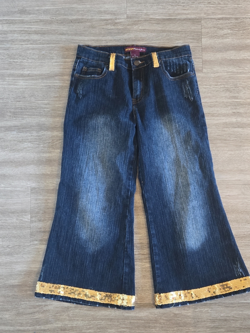 Womens Dark Blue Wide-Leg Cropped Jeans with Gold Sequin Trim